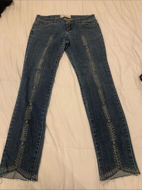 Stagecoach Women's Blue Flare Jeans with Cream hand painted  Detail